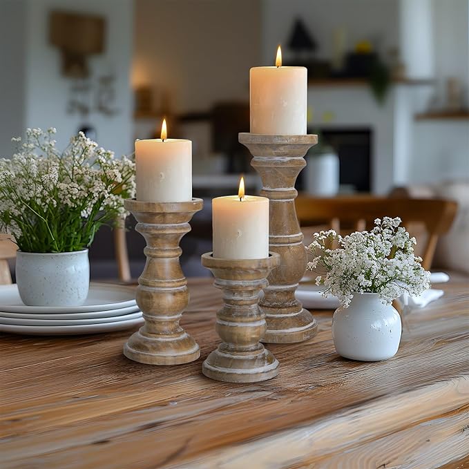 Candle Holder for Pillar Candle Set of 3, Farmhouse Wood Candle Holder, Rustic Wooden Candle Stand, Vintage Small Wooden Candlestick HoldersDecorative for Living Room, Table Centerpiece (Rusticbrown)