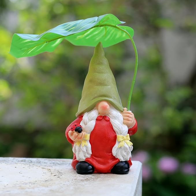 Garden Female Gnome Statue Decoration with Leaf Umbrella, 7.5” Figurine Ornament for Indoor Outdoor Home Patio Yard Lawn, for Gnome Lovers & Garden Enthusiasts，Mom，Women