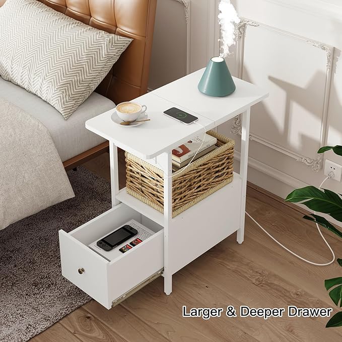 LIDYUK End Table with Charging Station, Narrow Side Table with Drawer and USB Ports & Power Outlets, Nightstand Bedside Tables for Small Spaces, Bedroom, Living Room, White