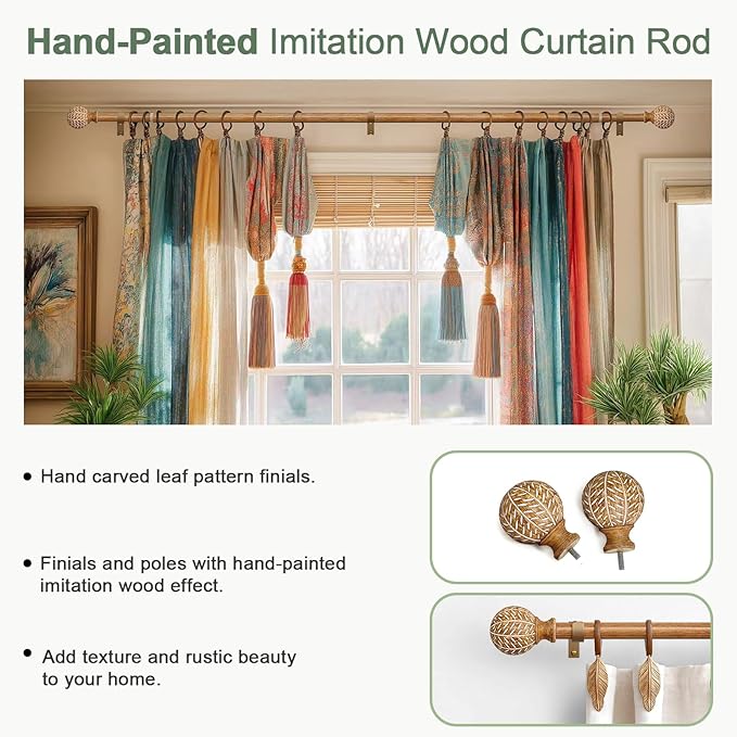 Wood Curtain Rods for Windows 72 to 144 Inch,1'' Diameter Drapery Rods with Imitation Wood Grain Leaf Pattern Finials,Boho Adjustable Heavy Duty Curtain Rods Set,36-150'',Color:Natural Wood
