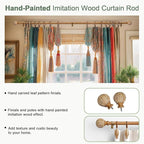2 Pack Wood Curtain Rods for Windows 66 to 120 Inch,1'' Diameter Drapery Rods with Imitation Wood Grain Leaf Pattern Finials,Boho Adjustable Heavy Duty Curtain Rods Set,36-120'',Natural Wood