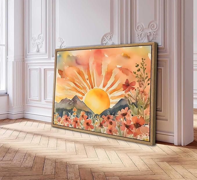 Framed Boho Sun Canvas Wall art Mid-Century Modern Abstract Bohemian Sunset in The Mountains Watercolor Wildflowers Sunrise Landscape Picture Wall Decor Poster Print Artwork for Living Room