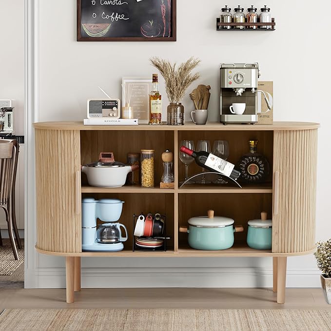 53''Sideboard Buffer Cabinet with Fluted Slide Doors, Modern Credenza Storage Cabinet, Tambour Bar Console Table for Living Dining Room Kitchen Hallway Entryway, Natural