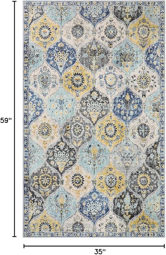 Lahome Moroccan Trellis Washable Small Area Rug, 3x5 Area Rug for Bedroom Living Room, Non-Slip Oriental Accent Throw Carpet for Kitchen Office Entryway Bathroom Office, Yellow/Aqua