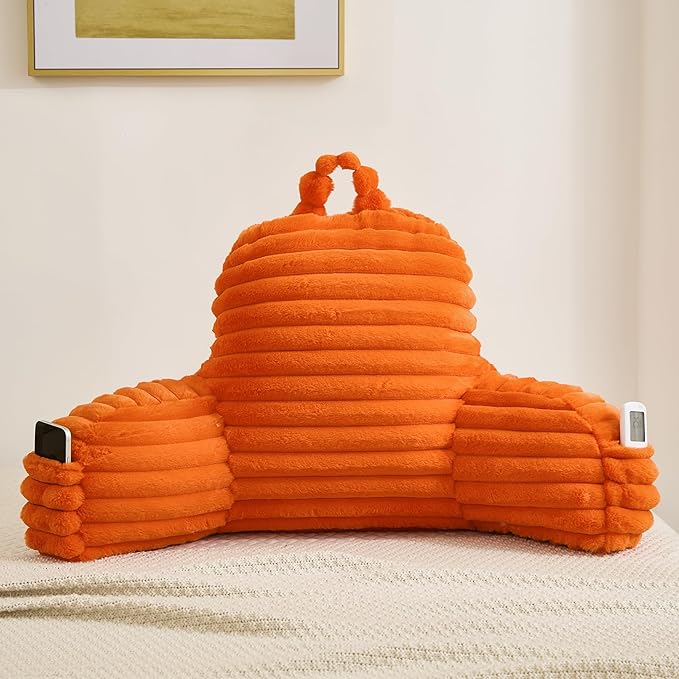 Faux Fur Fluffy Orange Reading Pillow with Pockets, Luxury Striped Plush Decorative, Arm Rests and Back Surport for Bed Rest, Lounging on sofa, Standard