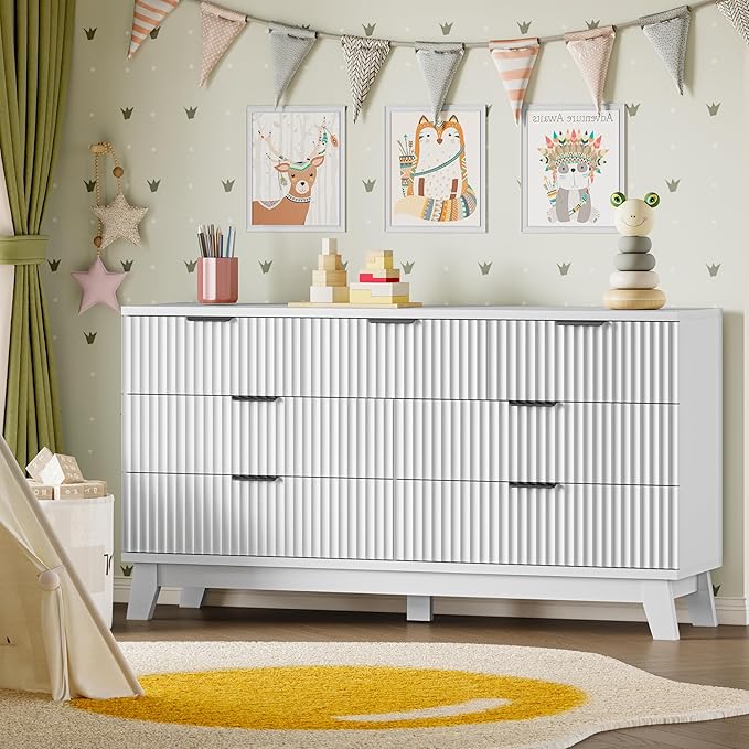 57" Long Dresser for Bedroom, 7-Drawer Fluted Chest, Wide Wood Storage Dresser with Metal Slides and Handles, Stable Base, Modern Clothes Organizer for Primary Suite, Guest Room, Nursery