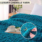 L'AGRATY Chunky Knit Blanket Throw: 50''x60'' Chenille Chunky Knitted Throw Blanket for Bed Couch - Handmade Thick Big Cable Knit Blanket - Large Crochet Rope Blanket for Home Decor(Teal)