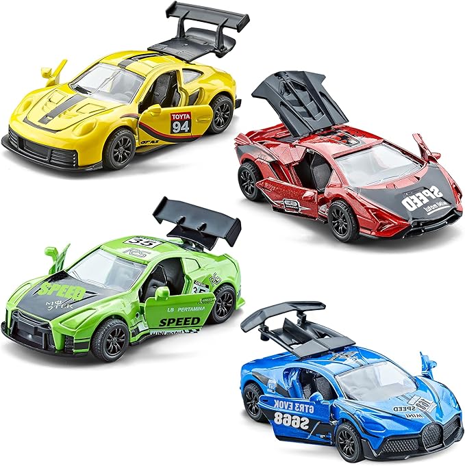 KIDAMI Pull Back Cars for Kids, Die Cast Metal Toy Cars Playset with Door Openable, Vehicles Race Toys for Toddlers, Boys, Girls’ Educational Play (4 Pack)