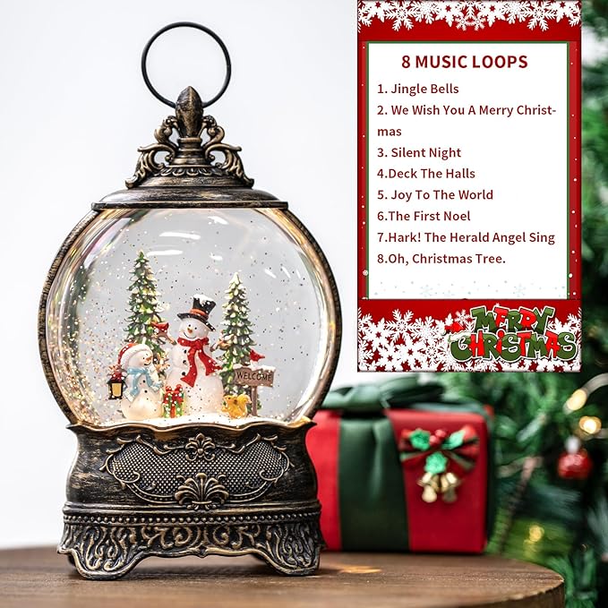 Christmas Snow Globes, Snowman Family Squirrel Cardinal Water Lantern, 8 Christmas Music, USB Powered & Battery, Holiday Decorations Gifts for Family Children or Friends