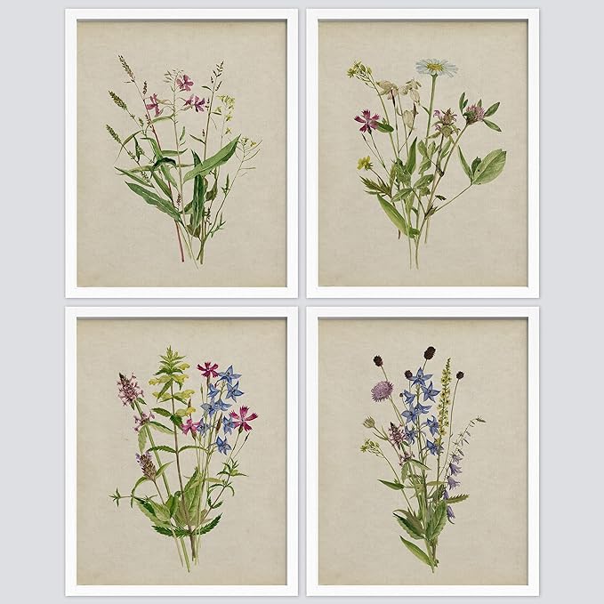 SIGNWIN Framed Watercolor Floral Botanical Wall Art, Set of 4 Vintage Wall Decor Prints, Minimalist Wall Décor for Living Room, Bedroom - 11"x14" White