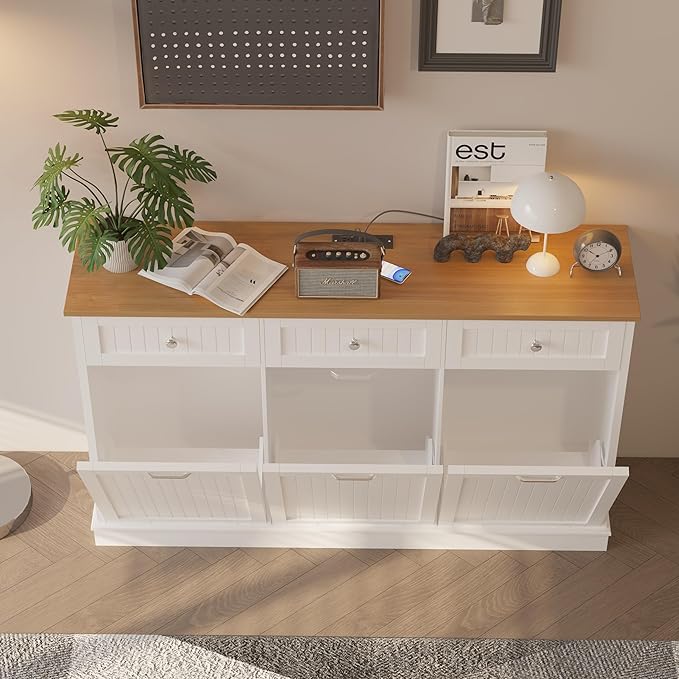 30 Gallon Tilt Out Trash Cabinet, Wooden Kitchen Trash Can Cabinet with Hideaway Drawer, Freestanding Laundry Hamper Garbage Recycling Cabinet on Wheels, Pet Proof, Triple, White