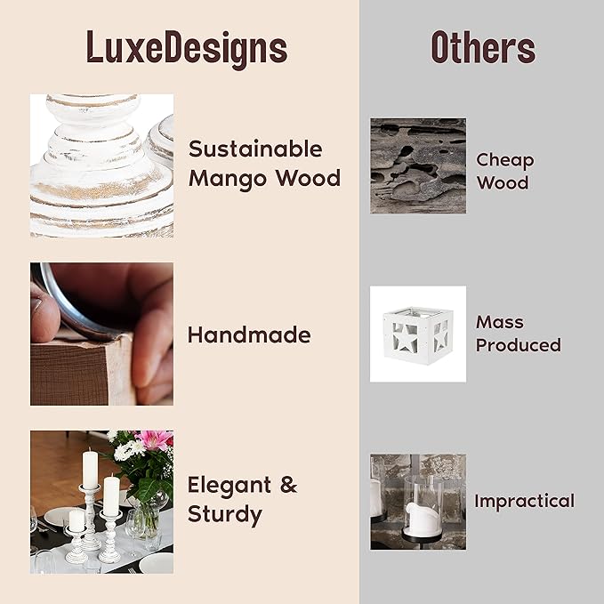 Large Candle Holders for Pillar Candles - Rustic Farmhouse Style Home Decor - Perfect for Table Centerpieces, Coffee Table or Fireplace Mantel - 3 Piece Set - White