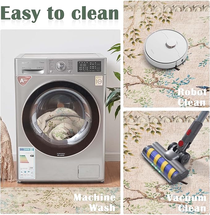 jinchan Botanical Birds 3x5 Beige Area Rugs for Entryway Washable Non Slip Soft Nature Plants Modern Kids Room Carpet Vintage Ultra Thin Low Pile Rug for Living Room Kitchen Bathroom Front Door