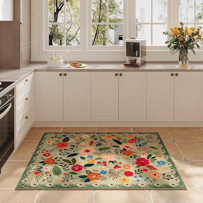 Door Mat Indoor Entrance 2x3 Rug Machine Washable Boho Floral Small Area Rug Non-Slip Low Pile Throw Rugs for Entryway, Kitchen, Front Door Indoor Entrance, Entry, Kids Room (Green)