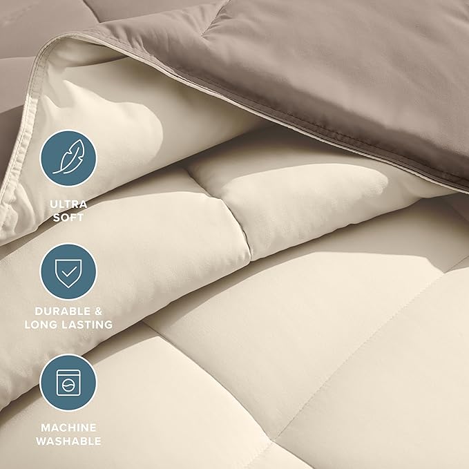 Bare Home Queen Comforter - Reversible Colors - Goose Down Alternative - Ultra-Soft - Premium 1800 Series - All Season Warmth - Bedding Comforter (Queen, Taupe/Sand)