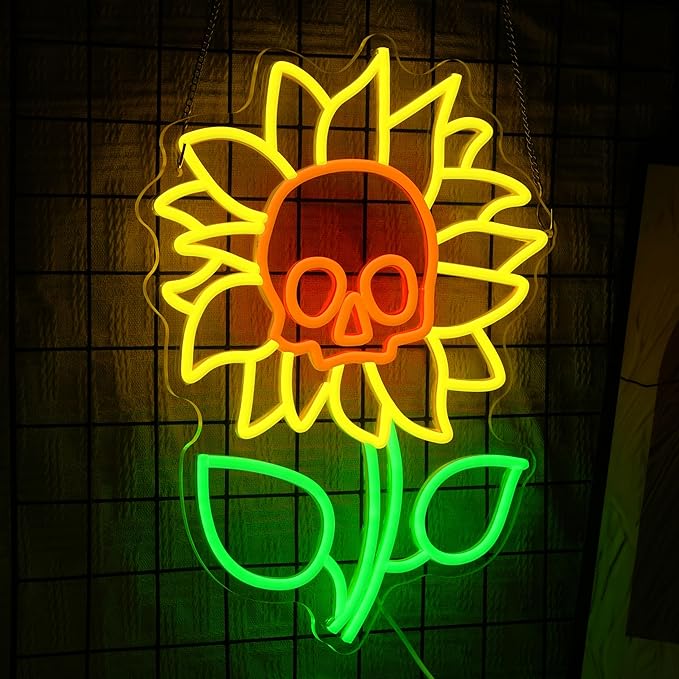 Sunflower Skull Neon Sign Wall Decor USB Powered Skeleton Head Halloween Neon Light Sign Dimmable Funny Halloween Day LED Sign for Trick or Treat Party Backdrop Bedroom Bar Man Cave