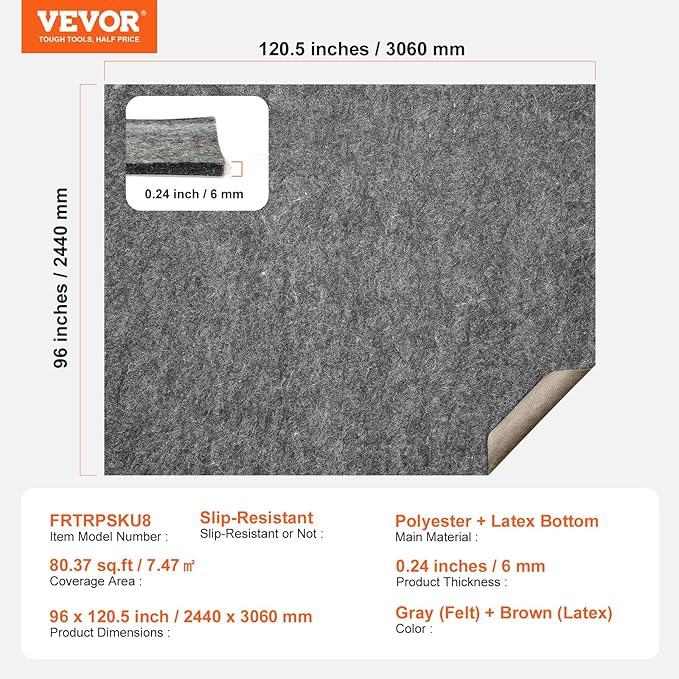 VEVOR - Slip-Resistant Rug Pad - Protective Cushioning Carpet Pad - 8' x 10' - 1/4" Thick - Dual Surface - Polyester Felt + Latex - Gray - 7-8㎡ Area Carpet Padding Rug Cushion Safe for All Floors