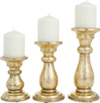 Deco 79 Mango Wood Decorative Candle Holder Turned Style Pillar Candle Stand, Set of 3 Candlestick Holder 10", 8", 6"H, Gold