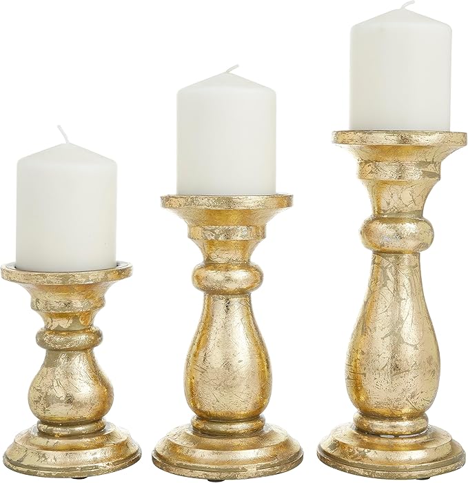 Deco 79 Mango Wood Decorative Candle Holder Turned Style Pillar Candle Stand, Set of 3 Candlestick Holder 10", 8", 6"H, Gold