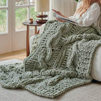 Esterra Chunky Knit Blanket Throw 50"x60", 100% Hand Knitted Chenille Throw Blanket, Cozy Soft Thick Cable Knit Throw Large Rope Knot Crochet Throw Blanket for Sofa Couch Bed, Sage Green