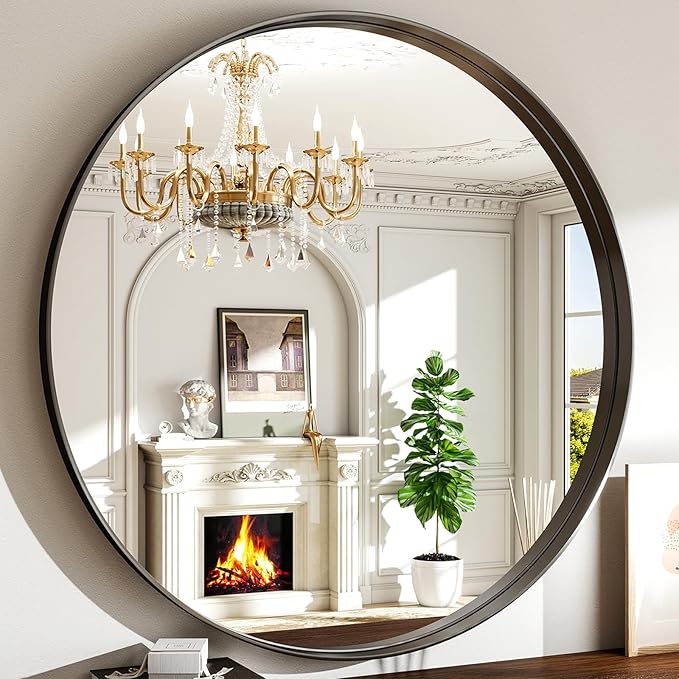 36 Inch Round Bathroom Mirror - Wall Mounted Circle Mirror with Metal Frame, Modern Mirror Suitable for Bathroom, Vanity, Entryway, Living Room, Wall Decor,Black