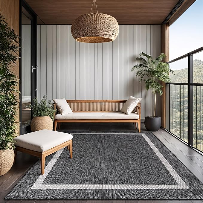 Bordered Outdoor Rug 9x12 Washable Outside Carpet for Indoor Patio Porch Waterproof Easy Cleaning Non Shedding Area Rugs Gray 9 x 12
