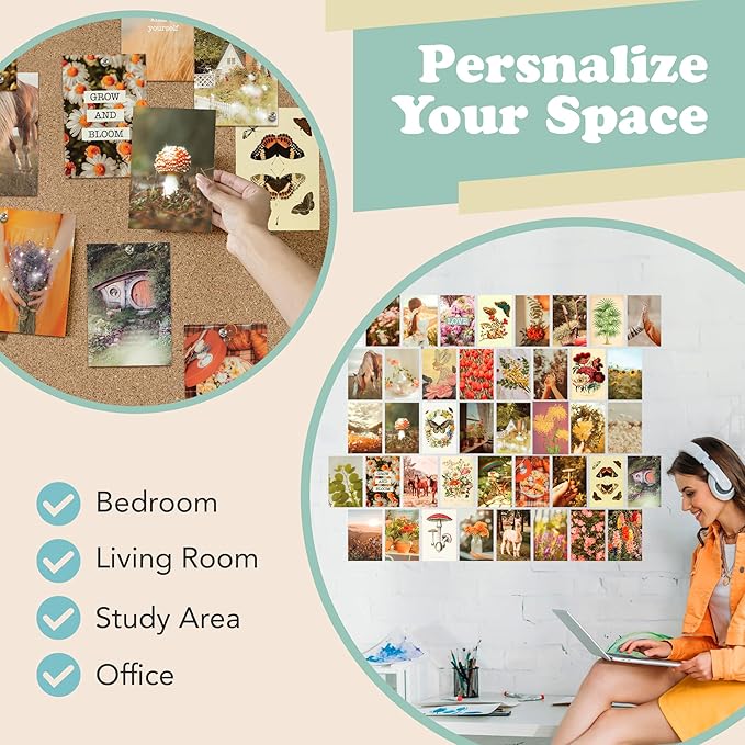 Artivo Wall Collage Kit Aesthetic Pictures, Cottagecore Wall Collage Kit, Bedroom Decor for Teen Girls, Nature Boho Collage Kit for Wall Aesthetic Posters, 50 Set 4x6 inch, Photo Collection