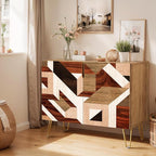 SIGNWIN Sideboard Buffet Cabinet, Kitchen Storage Cabinet with 2 Doors, Mid-Century 3D Polygon Collage Geometry, Cupboard Console Table for Dining Room - 35" L x 18" W x 29" H