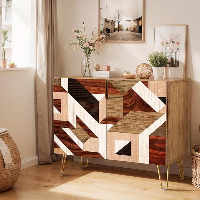 SIGNWIN Sideboard Buffet Cabinet, Kitchen Storage Cabinet with 2 Doors, Mid-Century 3D Polygon Collage Geometry, Cupboard Console Table for Dining Room - 35" L x 18" W x 29" H