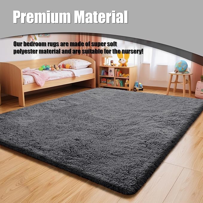 Shag Area Rug for Bedroom 4x6,Deep Grey Fluffy Area Rugs for Living Room,Soft Fuzzy Rug Non-Shedding Indoor Plush Carpet for Kids Bedroom Nursery Dorm Home Decor