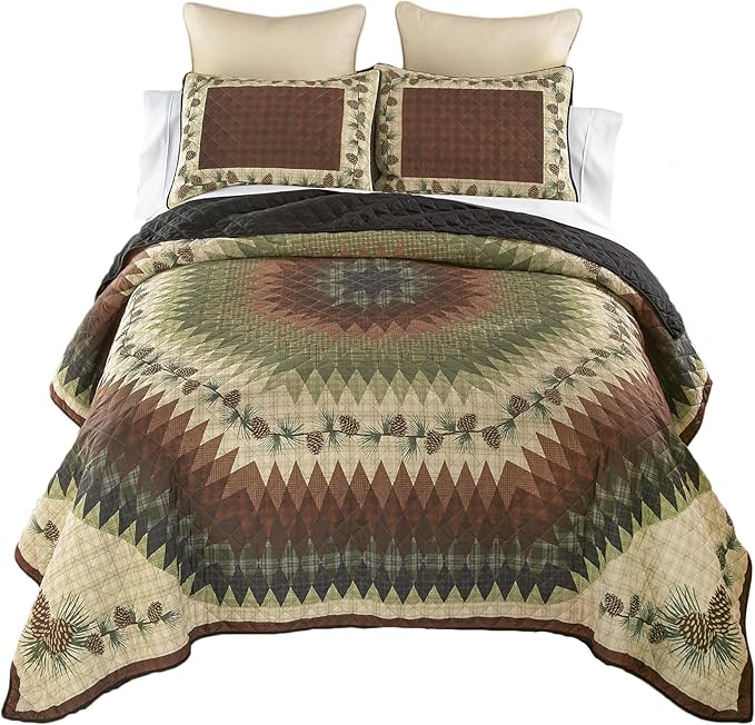 Donna Sharp Pine Circle Polyester Bedding Set - 3-Piece Queen Size Quilt Set - Includes 1 Quilt and 2 Standard Pillow Shams - Machine Washable - Traditional Design