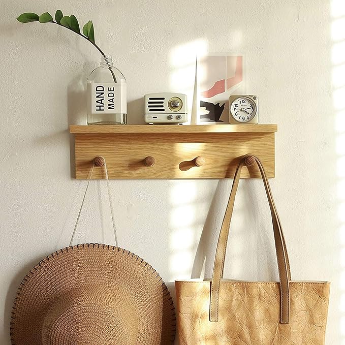 Entrance Coat Rack ，Coat Hooks, Wall-Mounted Wooden Hook Rack, Wall-Mounted Shelves are Very Suitable (Oak Colored Finish-2)