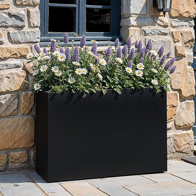 IDZO Metal Planter Box, Privacy Trough for Patio, Rectangle Container for Outdoor Plants, Tall Large Rectangular Steel Bed for Outdoor Greens with Drainage Holes & Adjustable Feet, Black
