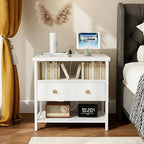 27 Inch Wide Night Stand Set 2 with Charging Station, Wood Nightstand with Open Shelf, Large Drawer Bedside Table for Living Room/Bedroom/Office (White)