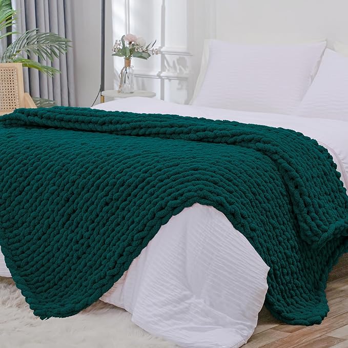 Bigacogo Chunky Knit Throw Blanket for Couch, 51x63 inches, 100% Hand Knitted with Thick Jumbo Chenille Yarn, Cozy Soft Large Rope Knot Cable Crochet Blankets for Sofa Bed Living Room, Dark Green