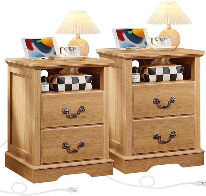 2PCS Farmhouse Nightstands with Charging Station，18" End Table with 2 Drawers，Farmhouse Nightstand with Vintage Handles, Bedside Cabinet for Bedroom for Bedroom, Living Room,Natural