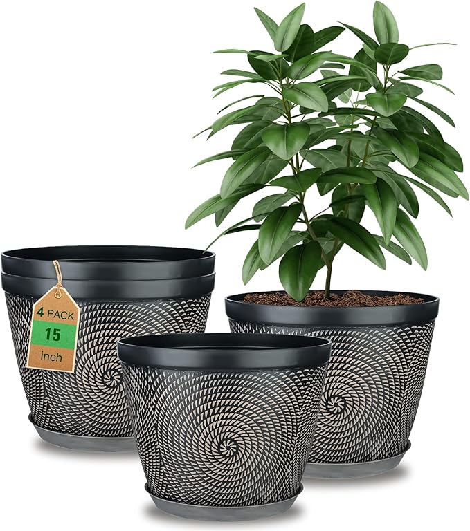 Quarut 15 Inch 4 Pack Large Plant Pots, Plastic Flower Pot for Indoor & Outdoor with Drainage Holes & Saucer, Circle Pattern Planters Garden Pots for Herbs