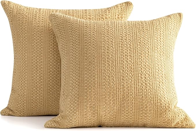 18x18 Throw Pillow Covers Set of 2 Boho Decorative Pillow Shams Stone Washed Cotton Pillowcase Waffle Square for Couch Sofa Chair Bed Car, Yellow