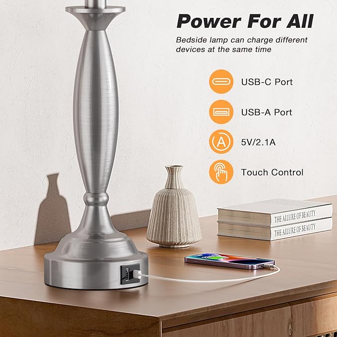 Lamps for Bedrooms Set of 2 - Touch Bedside Lamp with USB C+A, 3 Way Dimmable Nightstand Lamps with USB Port, Brushed Nickel Table Lamp for Living Room Guest Room Bed Side End Table(Mottled Gray)