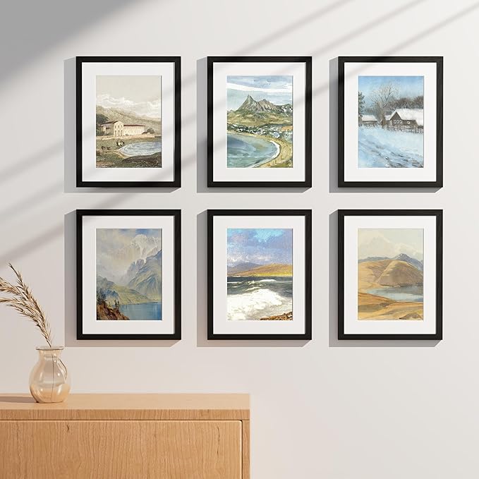 Vittanly 11x14 Picture Frames Set of 9, Shatter Resistant Plexiglass, Display 8x10 Pictures with Mat or 11x14 without Mat, Photo Frames for Wall or Tabletop, Engineered Wood, Black