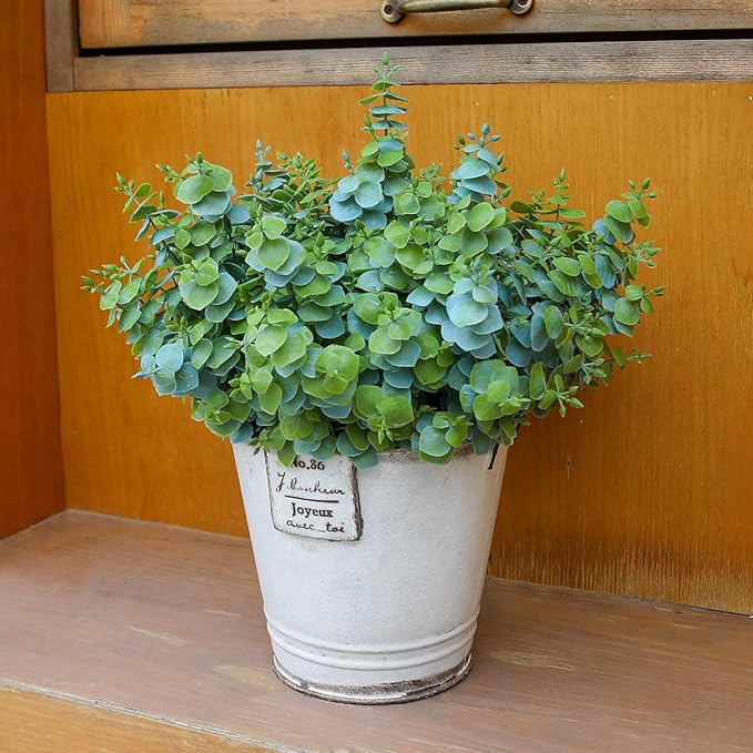 Artificial Fall Eucalyptus Plant – 8PCS Outdoor Fake Greenery, UV Resistant Fake Plants for Porch, Patio, Thanksgiving or Autumn Home Decor - Dusty Green Leaves