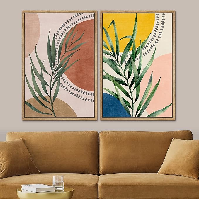 SIGNFORD Framed Canvas Print Wall Art Set Geometric Mid-Century Circle Plants Abstract Shapes Illustrations Modern Art Decorative Zen Bohemian for Living Room, Bedroom, Office - 24"x36"x2 Natural