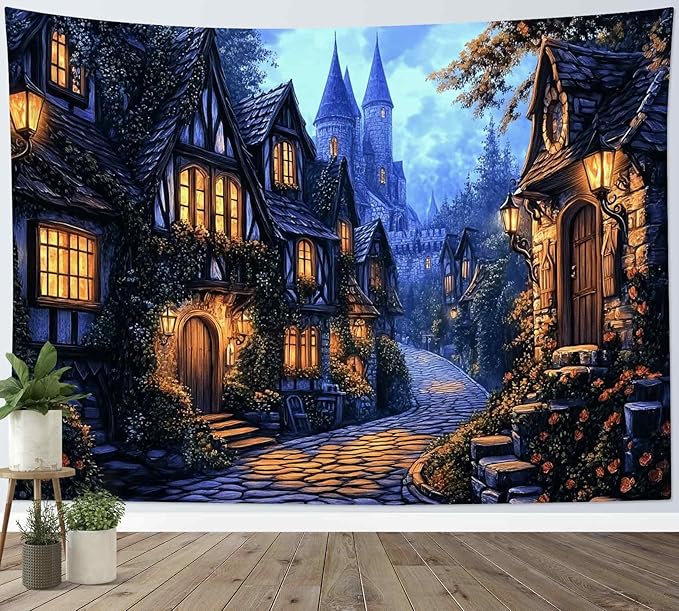 LB Vintage Castle Tapestry, Night Street Old House and Green Tree Wall Tapestry for Bedroom Aesthetic, Village Gothic Wall Art for Living Room Dorm Home Decor Ready to Hanging, 80 x 60 Inches