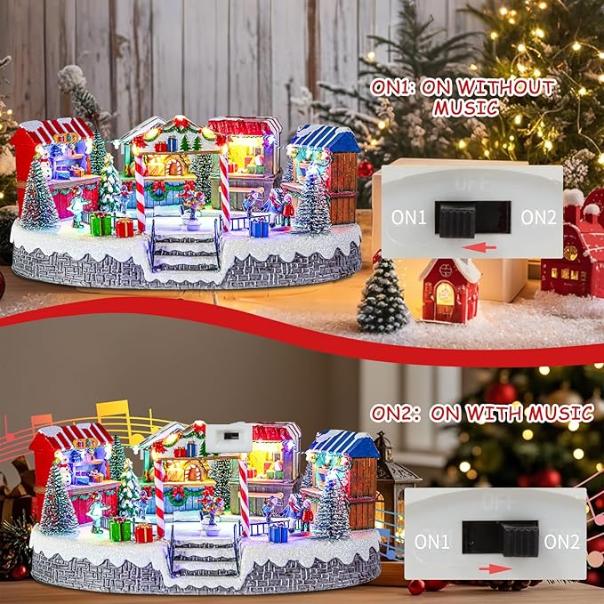 Bdor Christmas Market Village Scene with LED Lights | 8.3 x 5.9 x 5.9 Inches Battery Operated Holiday Decoration with Musical & Animated Market Stalls for Indoor Home Décor
