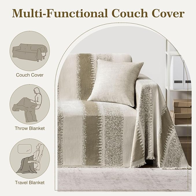 Couch Cover Boho for Dogs Washable Mocha Couch Covers for 2 Cushion Couch, Chenille Sectional Couch Covers L Shape Sofa Cover, Furniture Protector for Kids, Pets, Mocha 91" X134"