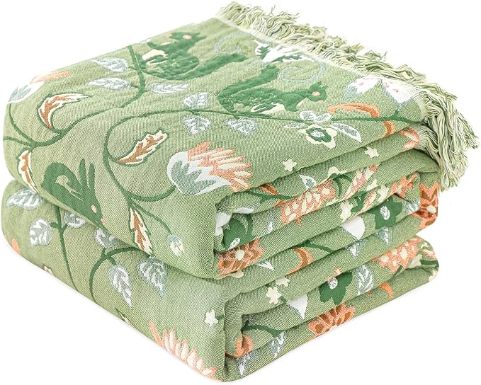 MSGKV Boho Throw Blanket for Couch and Sofa Cotton Blankets for Living Room Bedroom Reversable Florals and Animals Throw 60"x80" Breathable Cozy Blankets