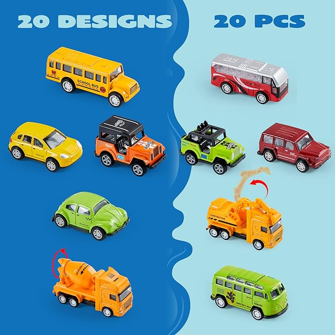 JOYIN 20PCS Die Cast Pull Back Cars, Metal Toy Cars, Car Toys Bulk, Vehicle Set for Toddlers, Kids Party Favors, Cake Toppers, Stocking Stuffers, Race Cars Toys for Boys, Christmas Grandkids Gifts