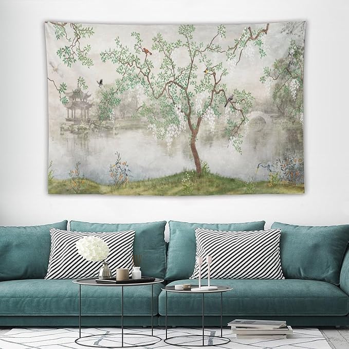 HZOHNAGO Japanese Tapestry Tree Misty Garden Lake Printed Wall Tapestry Ink Painting Wall Hanging for Bedroom Living Room Dorm 60" W x 40" H