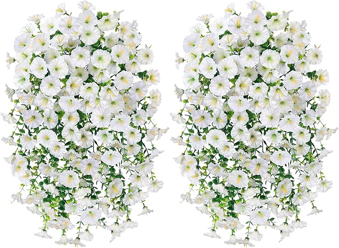 Artificial Faux Hanging Flowers Plants for Outdoor Decor,2 PCS Fake Silk Morning Glory with Eucalyptus UV Resistant Realistic Trailing Vines for Wall Home Porch Patio Balcony Yard Indoor Decor,White