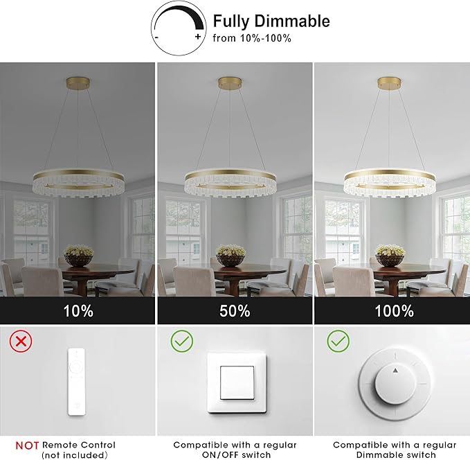 MADEM Modern Gold Led Pendant Light,36W Dimmable LED Chandelier Lighting Fixture, 1 Ring Circular Hanging Led Pendant Lighting for Living Room Dining Room Kitchen Island Foyer Office